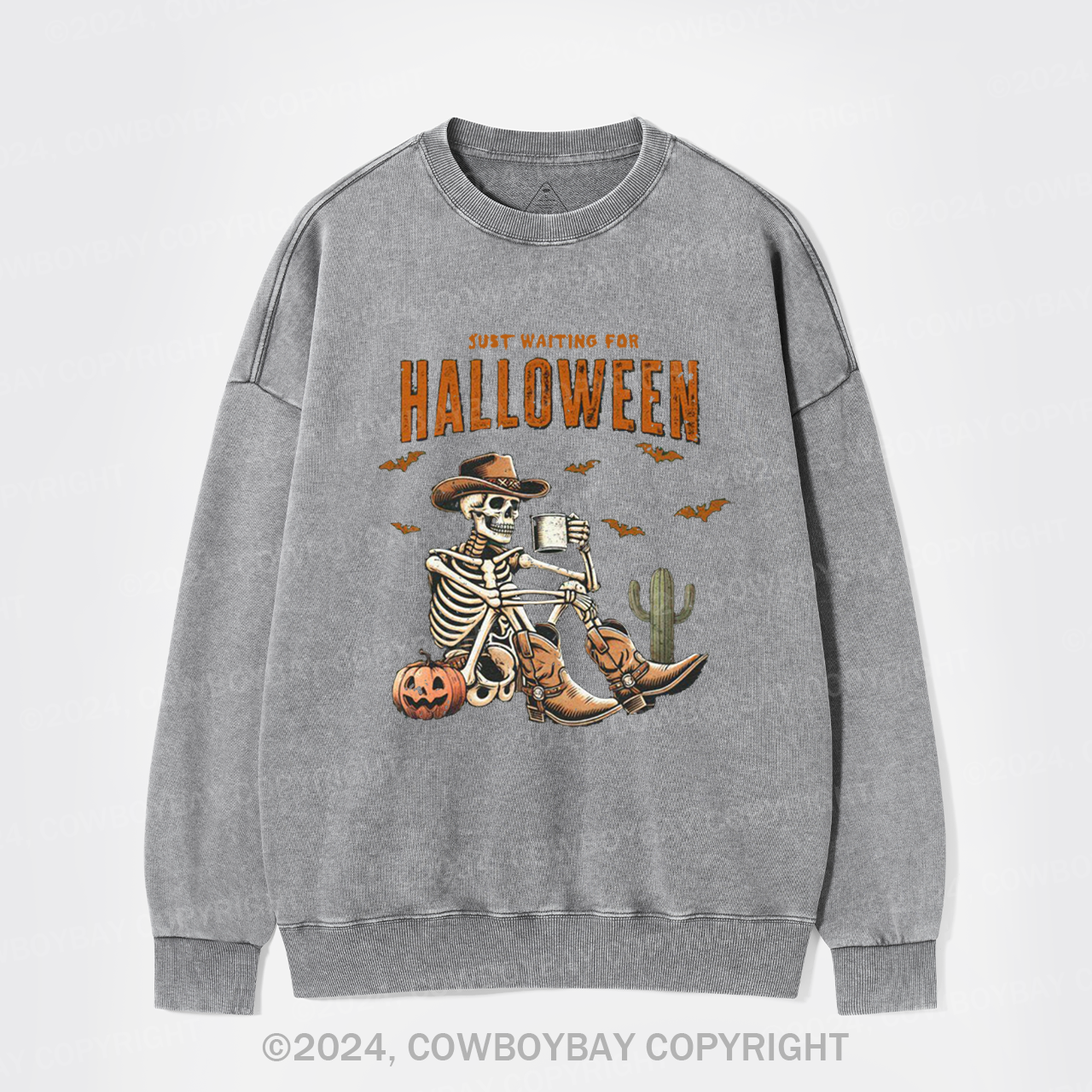 Western Skeleton Waiting for Halloween Washed Sweatshirts