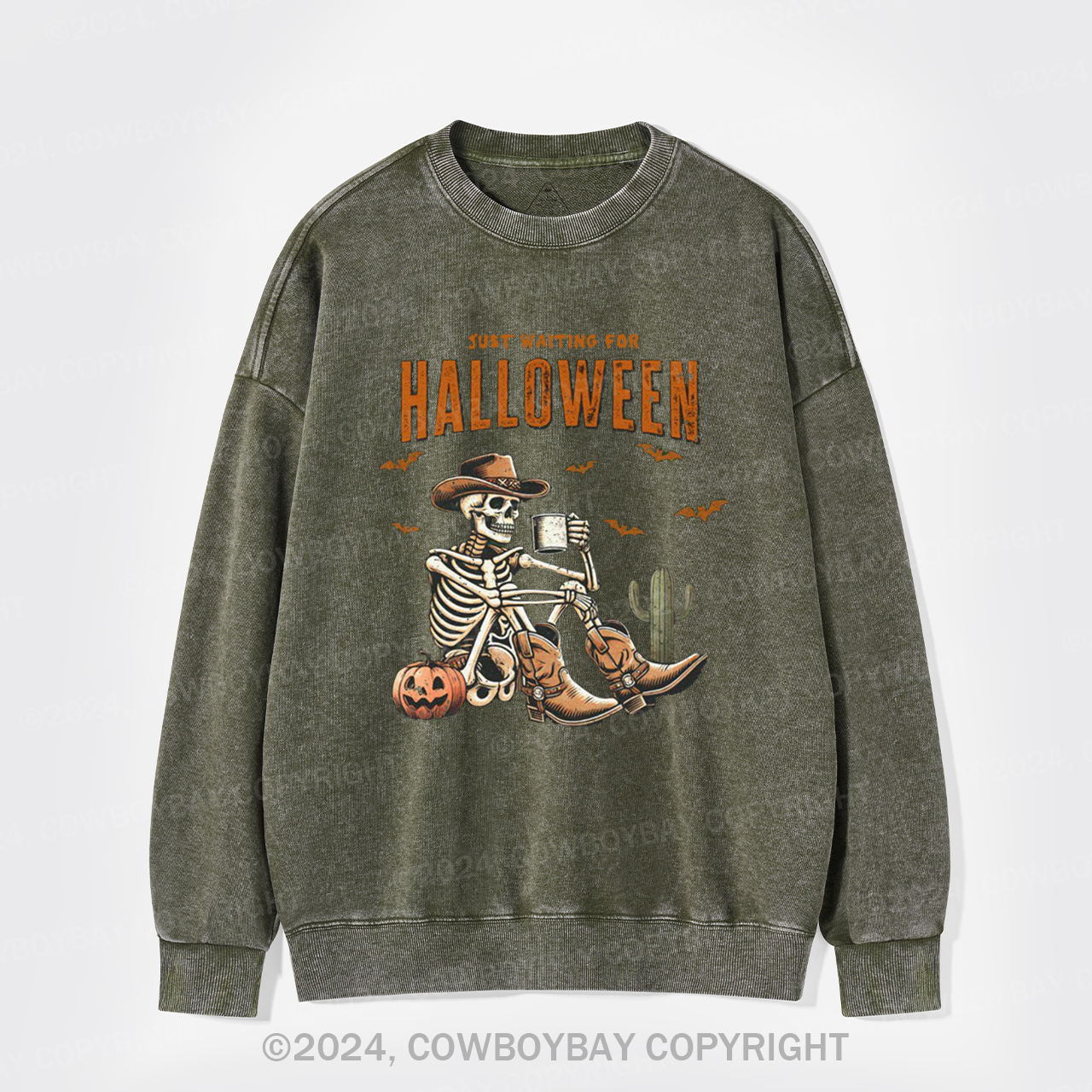 Western Skeleton Waiting for Halloween Washed Sweatshirts